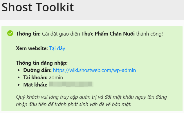 Thông báo cài đặt thành công giao diện mẫu.